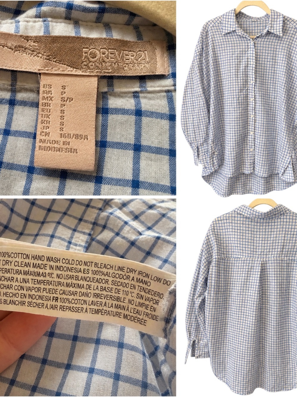 Forever 21 Blue & White Checkered Oversized Button Down Shirt Small 100% Cotton